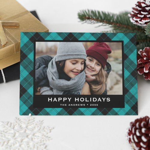 Teal and Black Festive Tartan Christmas Photo Holiday Card