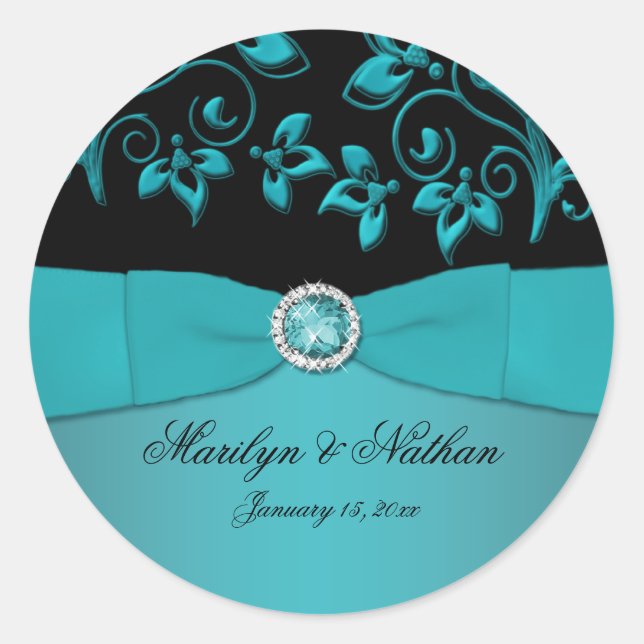 Teal and Black Floral1.5" Round Sticker (Front)