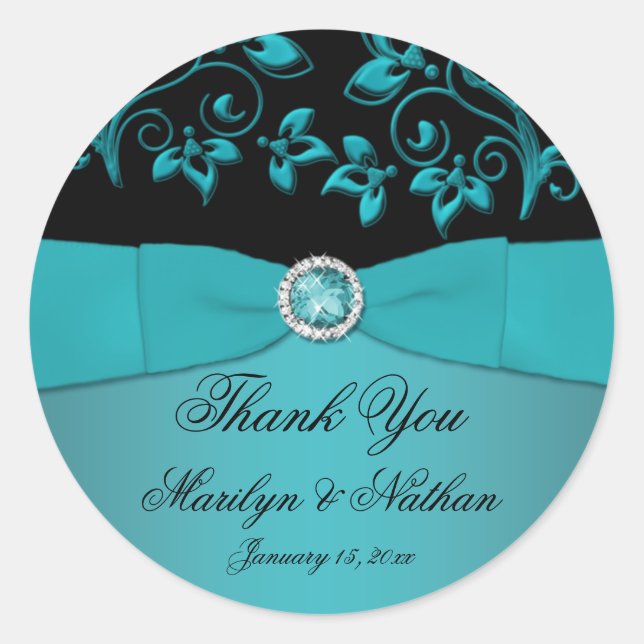 Teal and Black Floral 3" Round Thank You Sticker (Front)