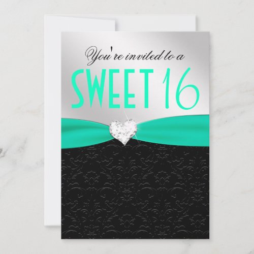 Teal and Black Floral Damask Diamond Heart Personalized Invites