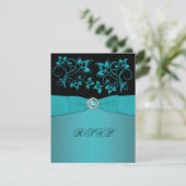 Teal and Black Floral Jewelled RSVP Card (Standing Front)