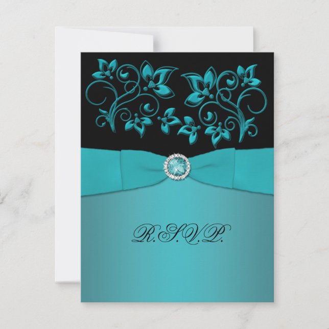 Teal and Black Floral Jewelled RSVP Card (Front)