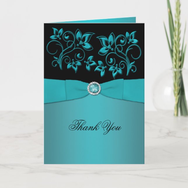 Teal and Black Floral Jewelled Thank You Card (Front)