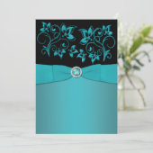 Teal and Black Floral Jewelled Wedding Invitation (Standing Front)