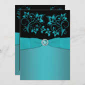Teal and Black Floral Jewelled Wedding Invitation (Front/Back)