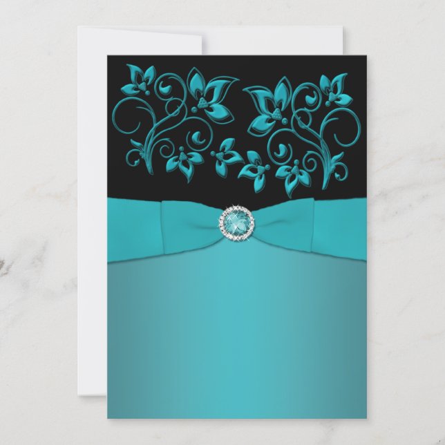 Teal and Black Floral Jewelled Wedding Invitation (Front)