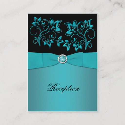 Customizable Teal and Black Floral Reception Card Business Card Template