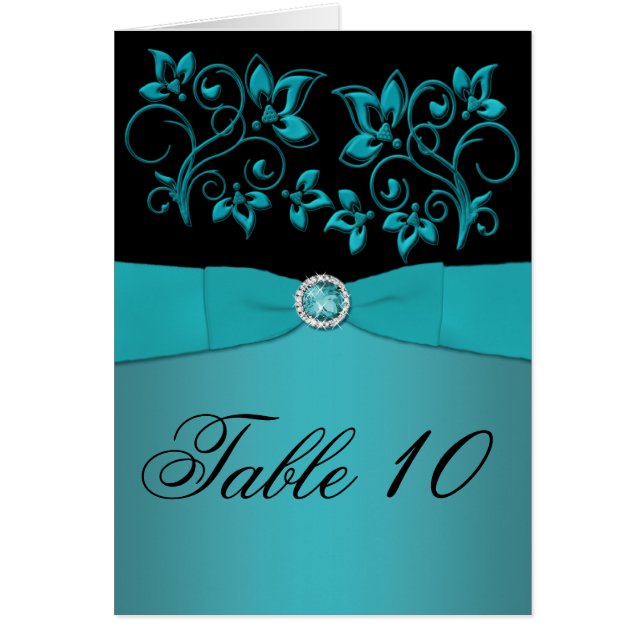 Teal and Black Floral Table Number Card (Front)