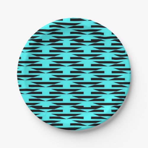 Teal and black geometric patterned paper plate