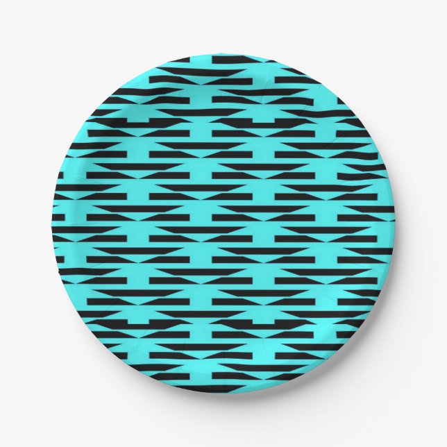 Teal and black geometric patterned paper plates (Front)