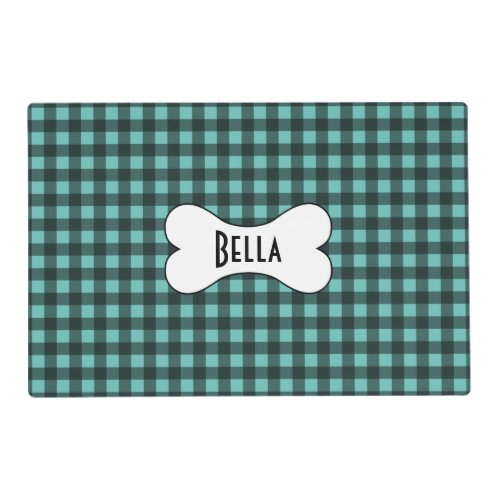 Teal and Black Gingham with Name in Dog Bone Placemat
