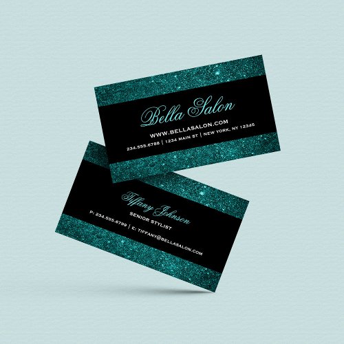 Teal and Black Glam Faux Glitter Business Card