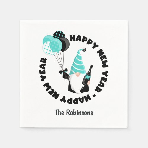 Teal and Black Gnome Celebrating New Year Napkins