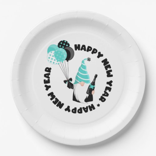 Teal and Black Gnome Celebrating New Year Paper Plates