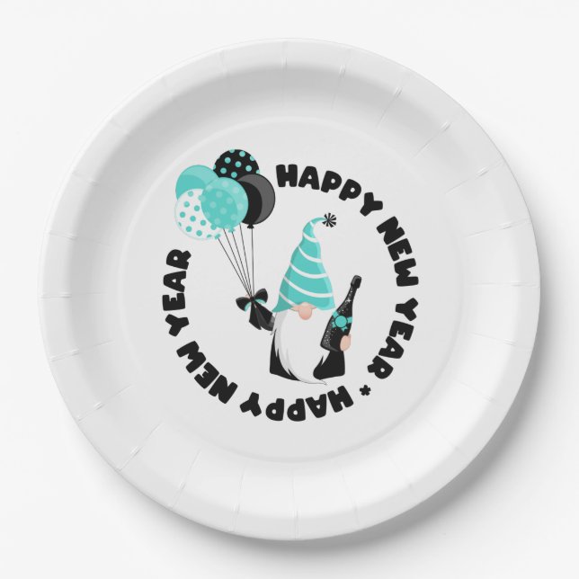 Teal and Black Gnome Celebrating New Year Paper Plates (Front)
