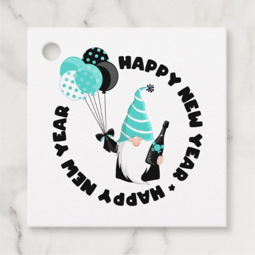 Teal and Black Gnome Happy New Year Favor Tags