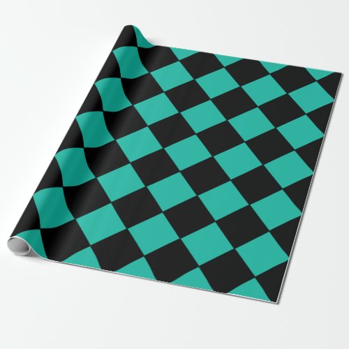 Teal and Black Harlequin Diamond Checked Pattern Wrapping Paper