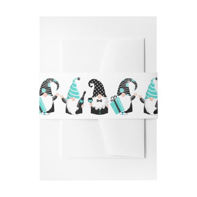 Teal and Black Holiday Celebration Gnomes Invitation Belly Band (Front Example)
