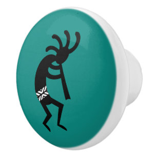 Teal And Black Kokopelli Pattern Southwest Design Ceramic Knob
