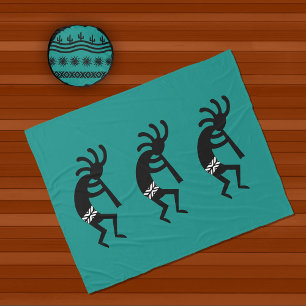 Teal And Black Kokopelli Southwest Design Fleece Blanket