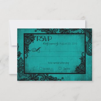Teal And Black Lace Gothic Rsvp Card by NouDesigns at Zazzle