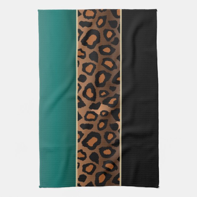 Teal and Black Leopard Animal Print Kitchen Towel (Vertical)