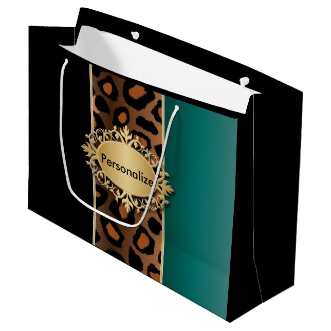 Teal and Black Leopard Pattern Large Gift Bag (Front Angled)