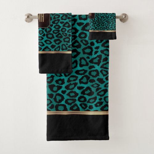 Teal and Black Leopard Pattern with Monogram Bath Towel Set