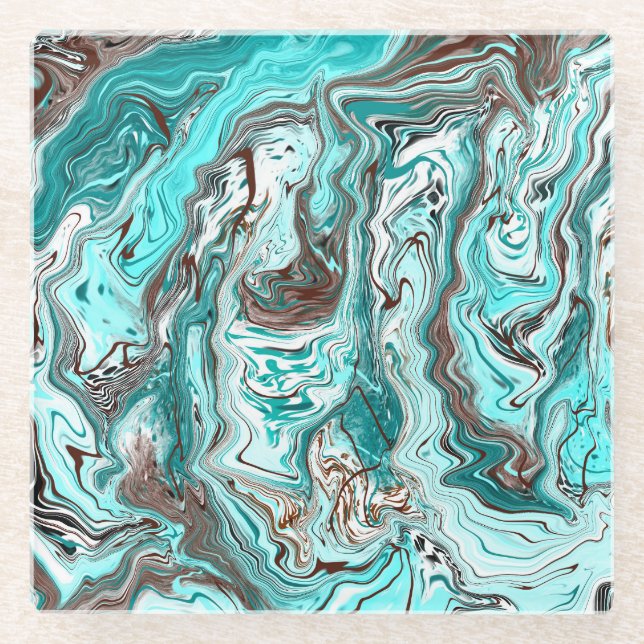 Teal and Black Marble Fluid Art Glass Coaster (Front)