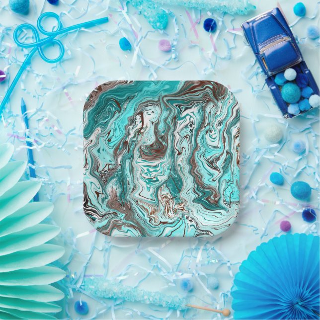 Teal and Black Marble Fluid Art Paper Plates (Party)