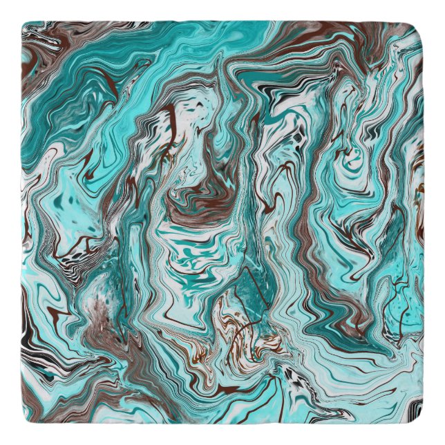 Teal and Black Marble Fluid Art Trivet (Front)