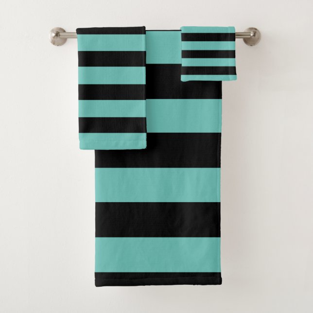 Teal and Black Mermaid Striped Bath Towel Set (Insitu)