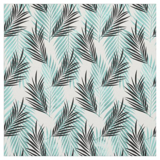 Teal and Black Palm Leaves on White Fabric