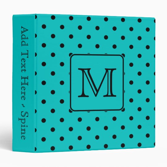 Teal and Black Polka Dot Pattern. Custom Monogram. Binder