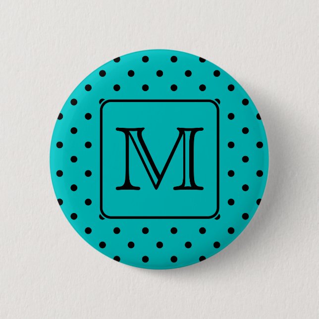 Teal and Black Polka Dot Pattern. Custom Monogram. Button (Front)