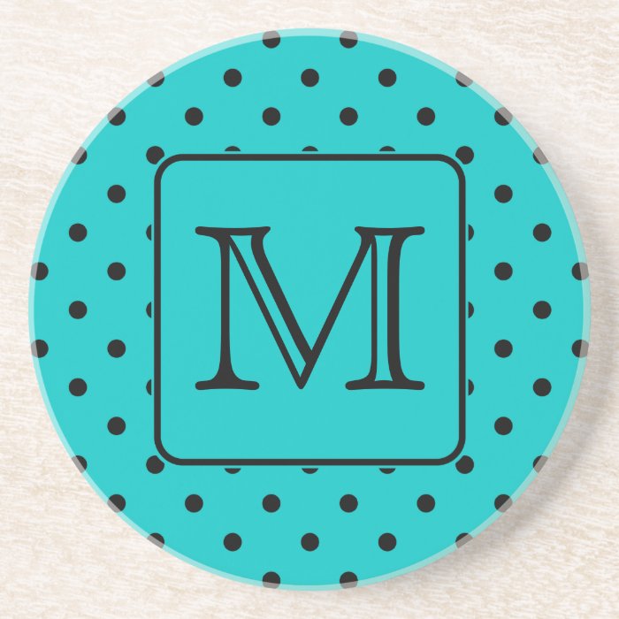 Teal and Black Polka Dot Pattern. Custom Monogram. Drink Coasters