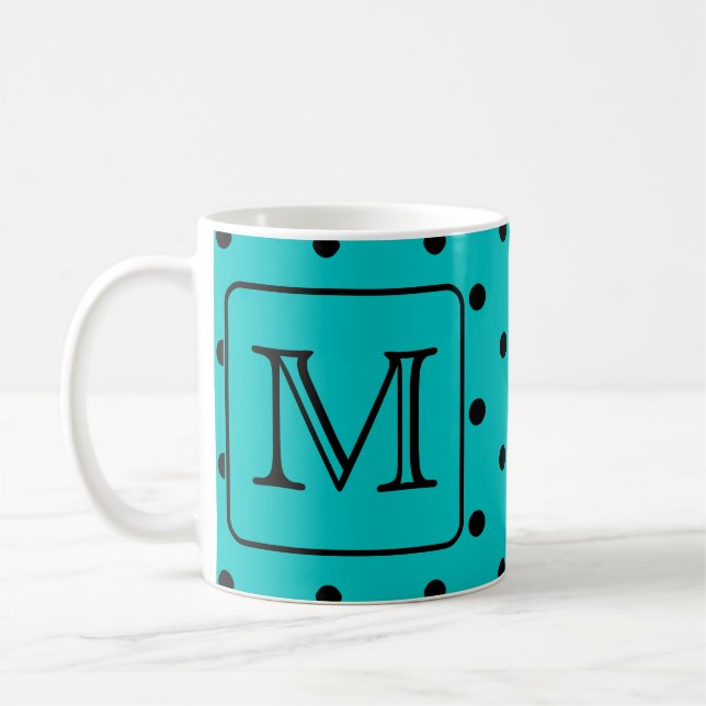 Teal and Black Polka Dot Pattern. Custom Monogram. Coffee Mug (Left)