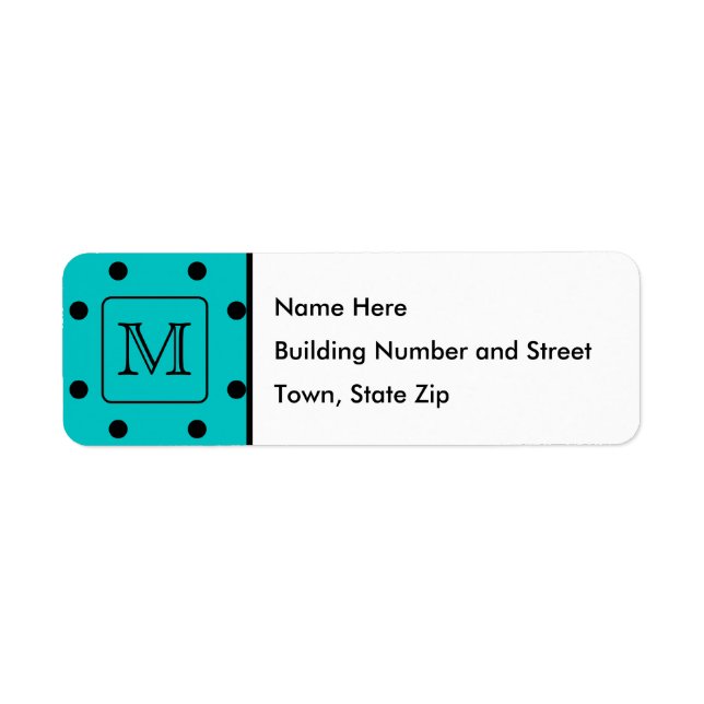 Teal and Black Polka Dot Pattern. Custom Monogram. Label (Front)