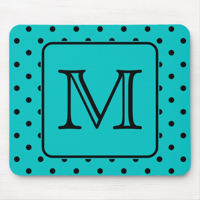 Teal and Black Polka Dot Pattern. Custom Monogram. Mouse Pad (Front)