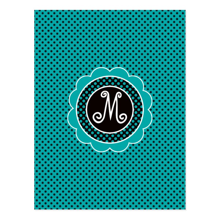 Teal and Black Polka Dot Pattern with Monogram Post Cards