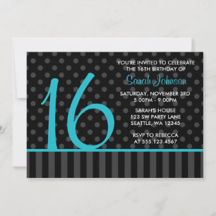 Teal and Black Polka Dot Stripes Sweet 16 Birthday Invitation