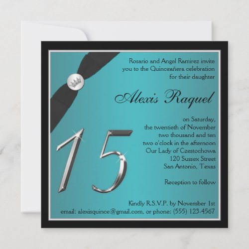 Teal and Black Quinceanera Invitation