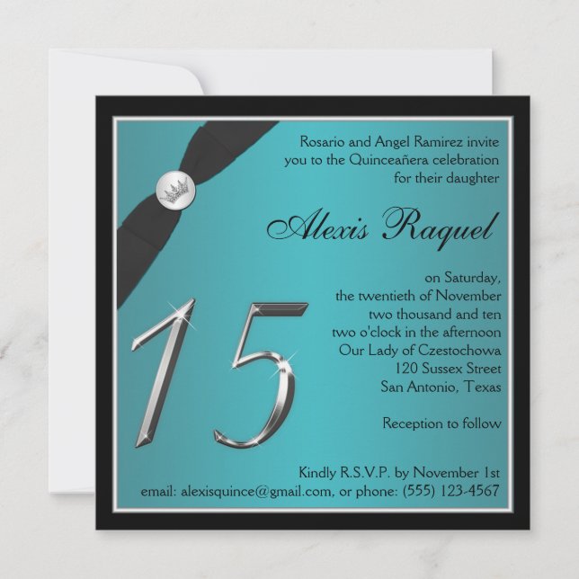 Teal and Black Quinceanera Invitation (Front)