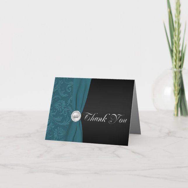 Teal and Black Quinceanera Thank You Note Card (Front)