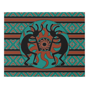 Teal and Black Southwest Kokopelli Tribal Sun Faux Canvas Print