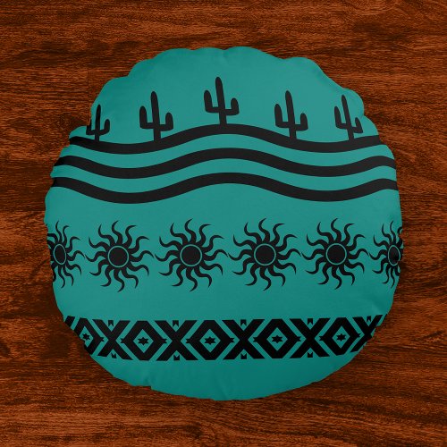 Teal And Black Southwestern Pattern Round Pillow