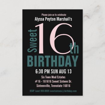 Teal And Black Sweet 16th Party Invitation by PartyHearty at Zazzle