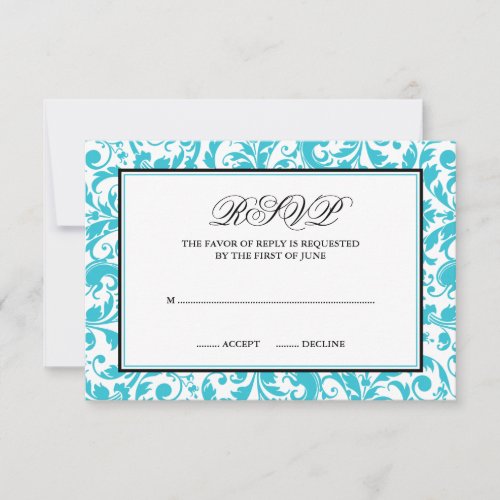 Teal and Black Swirl Damask Response Card