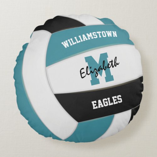 teal and black team colors girls boys volleyball round pillow