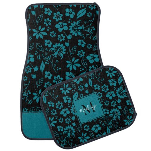 Teal and Black Tropical Floral Pattern Monogram Car Floor Mat